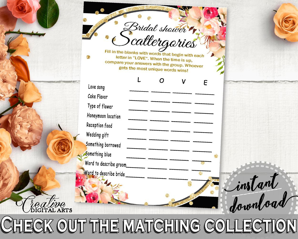 Scattergories Game in Flower Bouquet Black Stripes Bridal Shower Black And Gold Theme, shower scattergories, party ideas, prints - QMK20 - Digital Product