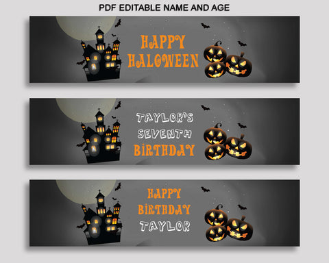 Printable Halloween Water Bottle Labels, Halloween Bash Bottle Wraps, Black Orange Halloween Birthday, Halloween Bash Editable Labels LXRNF