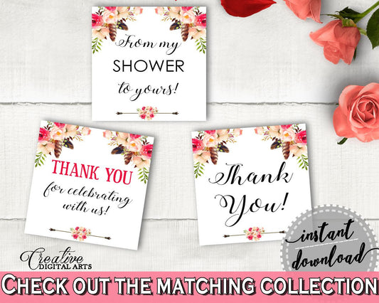 Thank You Tags Square in Bohemian Flowers Bridal Shower Pink And Red Theme, favor labels, watercolor boho, printable files, prints - 06D7T - Digital Product