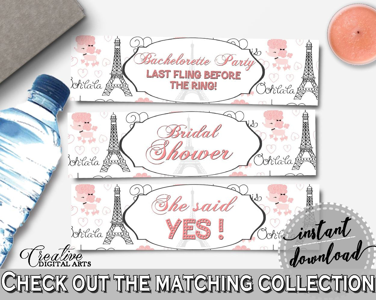 Paris Bridal Shower Bottle Labels in Pink And Gray, water bottle wraps, modern bridal shower, party decor, party decorations, prints - NJAL9 - Digital Product