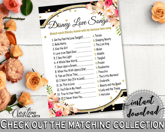 Black And Gold Flower Bouquet Black Stripes Bridal Shower Theme: Disney Love Songs Game - disney couple game, printables, prints - QMK20 - Digital Product