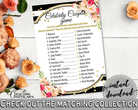 Flower Bouquet Black Stripes Bridal Shower Celebrity Couples Game in Black And Gold, celebrity game, party décor, party ideas - QMK20 - Digital Product