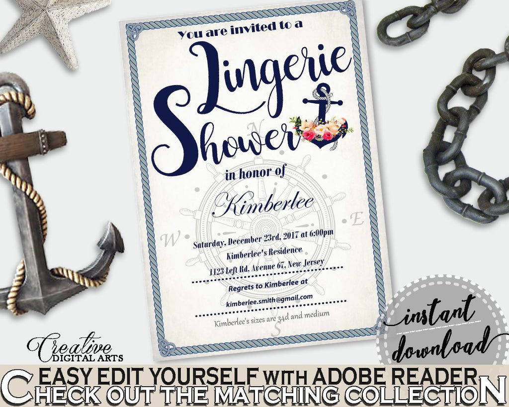 Nautical Anchor Flowers Bridal Shower Lingerie Shower Invitation Editable in Navy Blue, lingerie invitation, instant download - 87BSZ - Digital Product