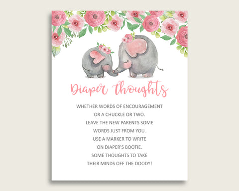 Pink Elephant Baby Shower Diaper Thoughts Printable, Girl Pink Grey Late Night Diaper Sign, Words For Wee Hours, Write On Diaper ep001