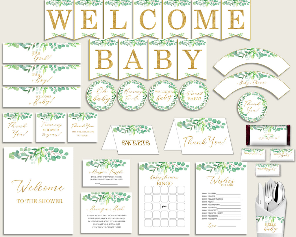 Green Gold Baby Shower Decorations Gender Neutral Kit, Greenery Baby Shower Party Package Printable, Instant Download, Most Popular Y8X33