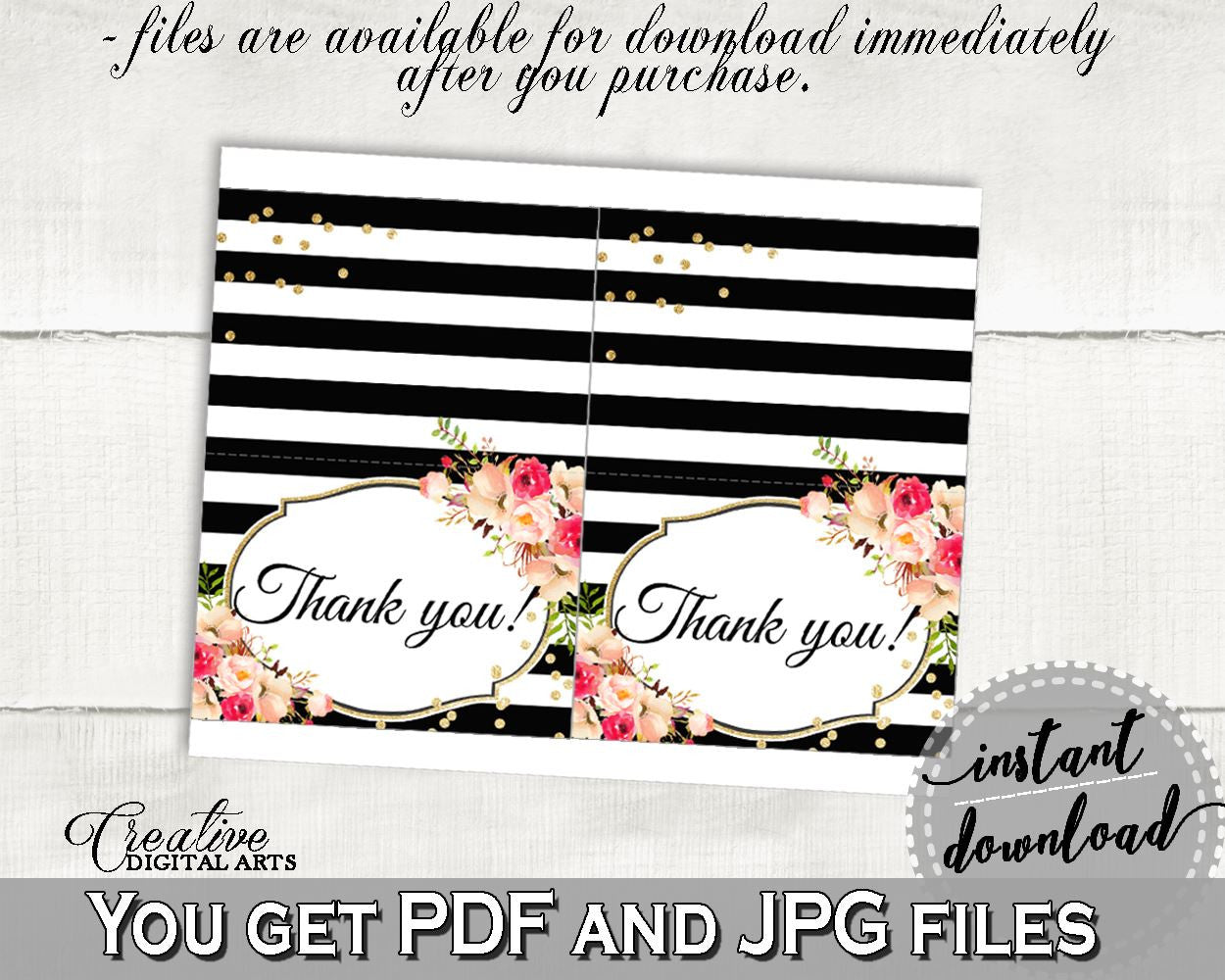 Flower Bouquet Black Stripes Bridal Shower Thank You Card in Black And Gold, thank-you note, glistening flowers, shower celebration - QMK20 - Digital Product