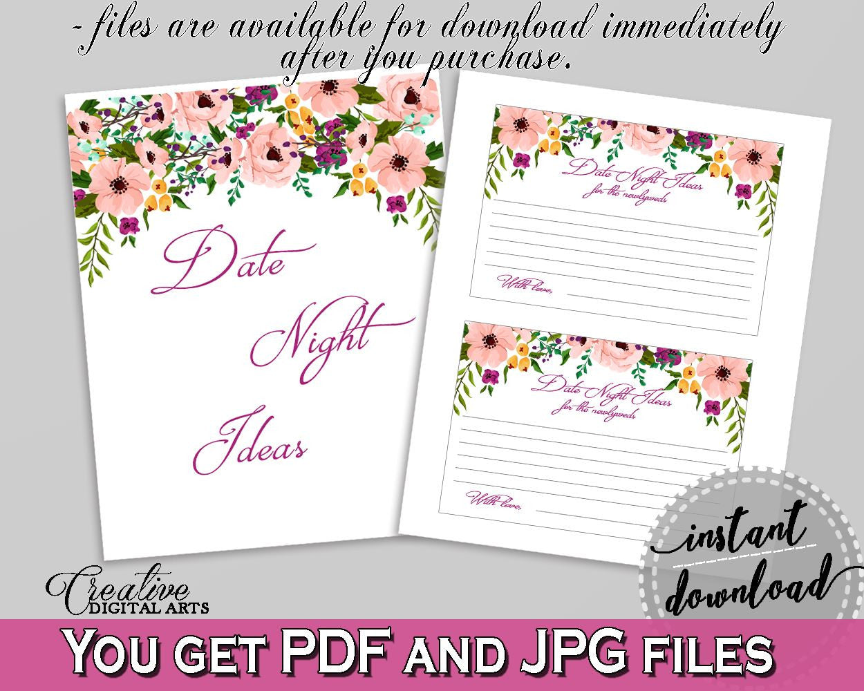 Date Night Ideas in Watercolor Flowers Bridal Shower White And Pink Theme, print own date ideas, watercolour shower, party supplies - 9GOY4 - Digital Product