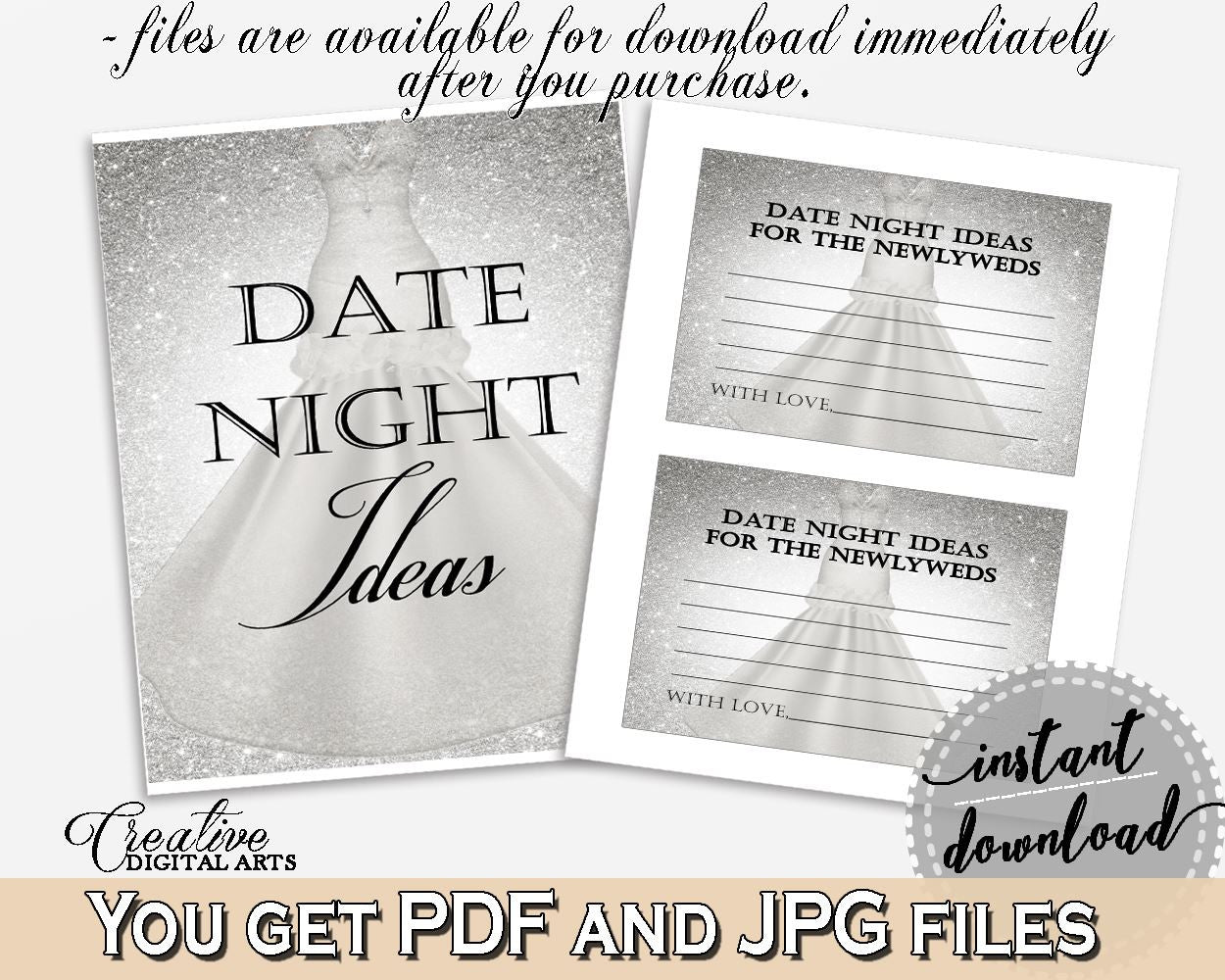 Date Night Ideas in Silver Wedding Dress Bridal Shower Silver And White Theme, hens night, bridal dressing up, party planning - C0CS5 - Digital Product