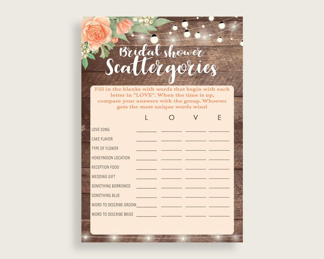 Scattergories Bridal Shower Scattergories Rustic Bridal Shower Scattergories Bridal Shower Flowers Scattergories Brown Beige prints SC4GE