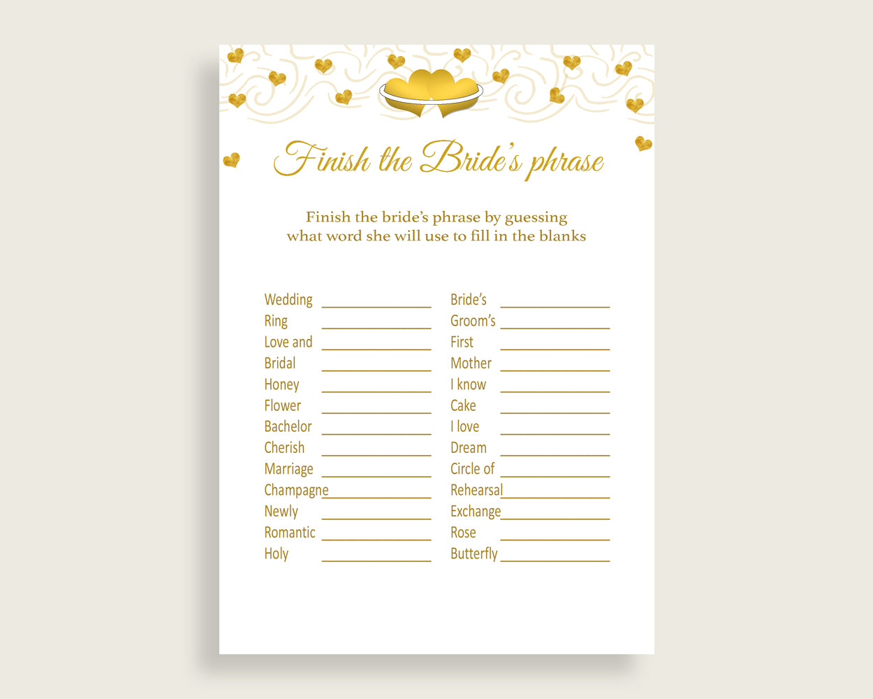 Finish The Phrase Bridal Shower Finish The Phrase Gold Hearts Bridal Shower Finish The Phrase Bridal Shower Gold Hearts Finish The 6GQOT