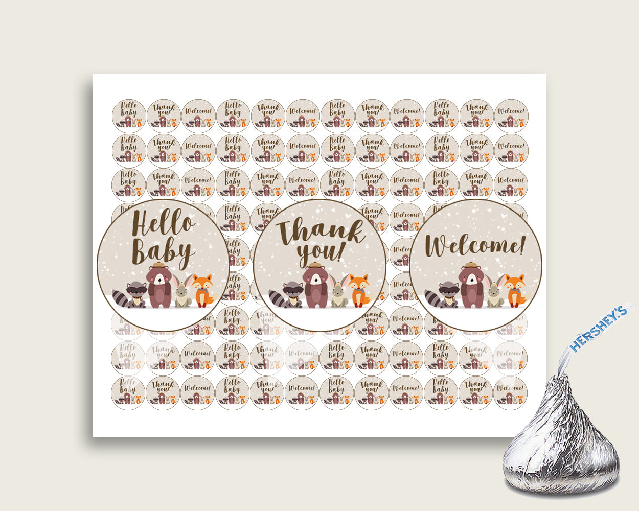 Winter Woodland Hershey Kisses Circle Printable, Beige Brown Hershey Kisses Labels Round Digital, Gender Neutral Baby Shower, Instant RM4SN