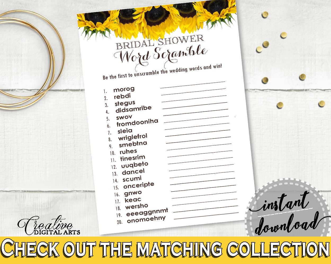 Word Scramble Bridal Shower Word Scramble Sunflower Bridal Shower Word Scramble Bridal Shower Sunflower Word Scramble Yellow White SSNP1 - Digital Product