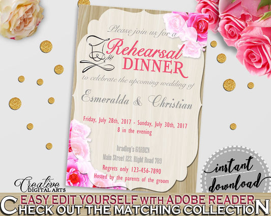 Rehearsal Dinner Invitation Editable in Roses On Wood Bridal Shower Pink And Beige Theme, wedding rehearsal, party stuff, prints - B9MAI - Digital Product