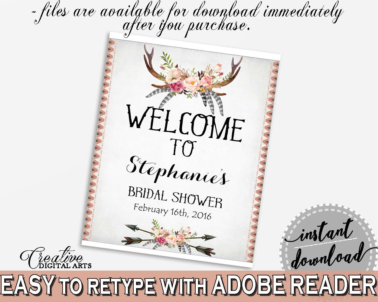 Antlers Flowers Bohemian Bridal Shower Bridal Shower Welcome Sign Editable in Gray and Pink, welcome sign, party ideas, prints - MVR4R - Digital Product