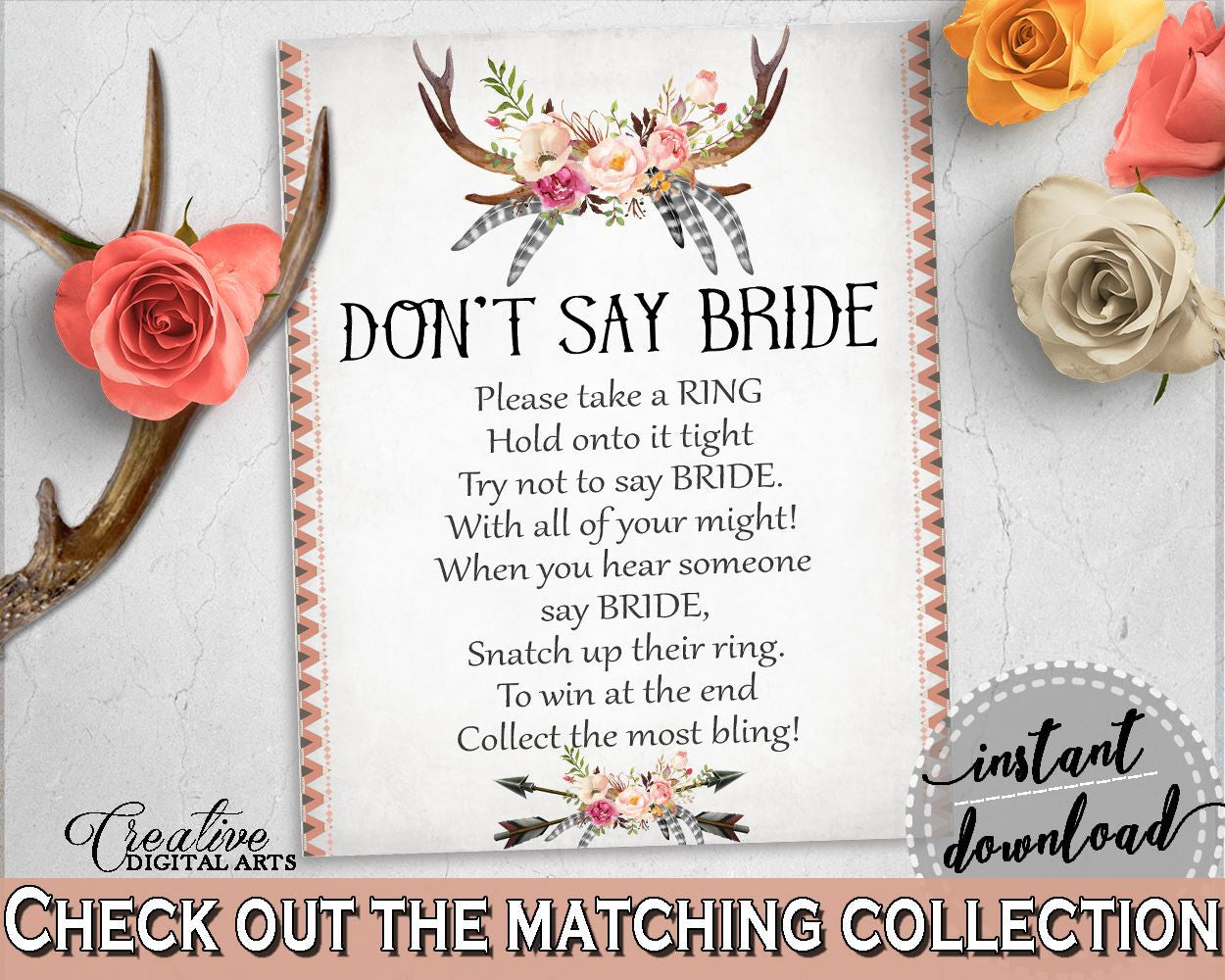 Antlers Flowers Bohemian Bridal Shower Don't Say Bride in Gray and Pink, please take a ring, deer horns, printables, prints, pdf jpg - MVR4R - Digital Product