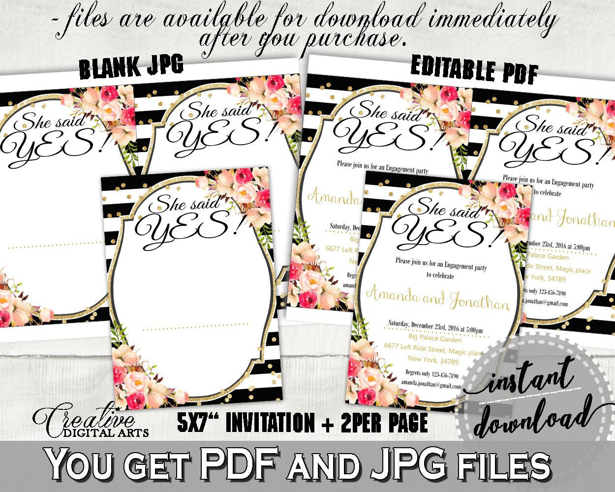 Black And Gold Flower Bouquet Black Stripes Bridal Shower Theme: She Said Yes Invitation Editable - bridal invite, party décor - QMK20 - Digital Product