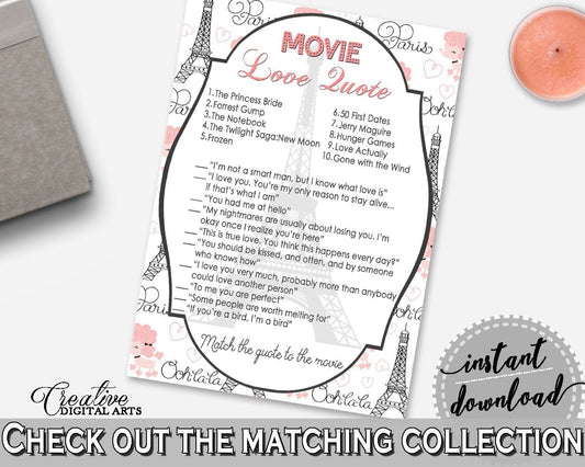 Movie Love Quote Game in Paris Bridal Shower Pink And Gray Theme, famous movie quotes, paris theme bridal, party theme, party decor - NJAL9 - Digital Product