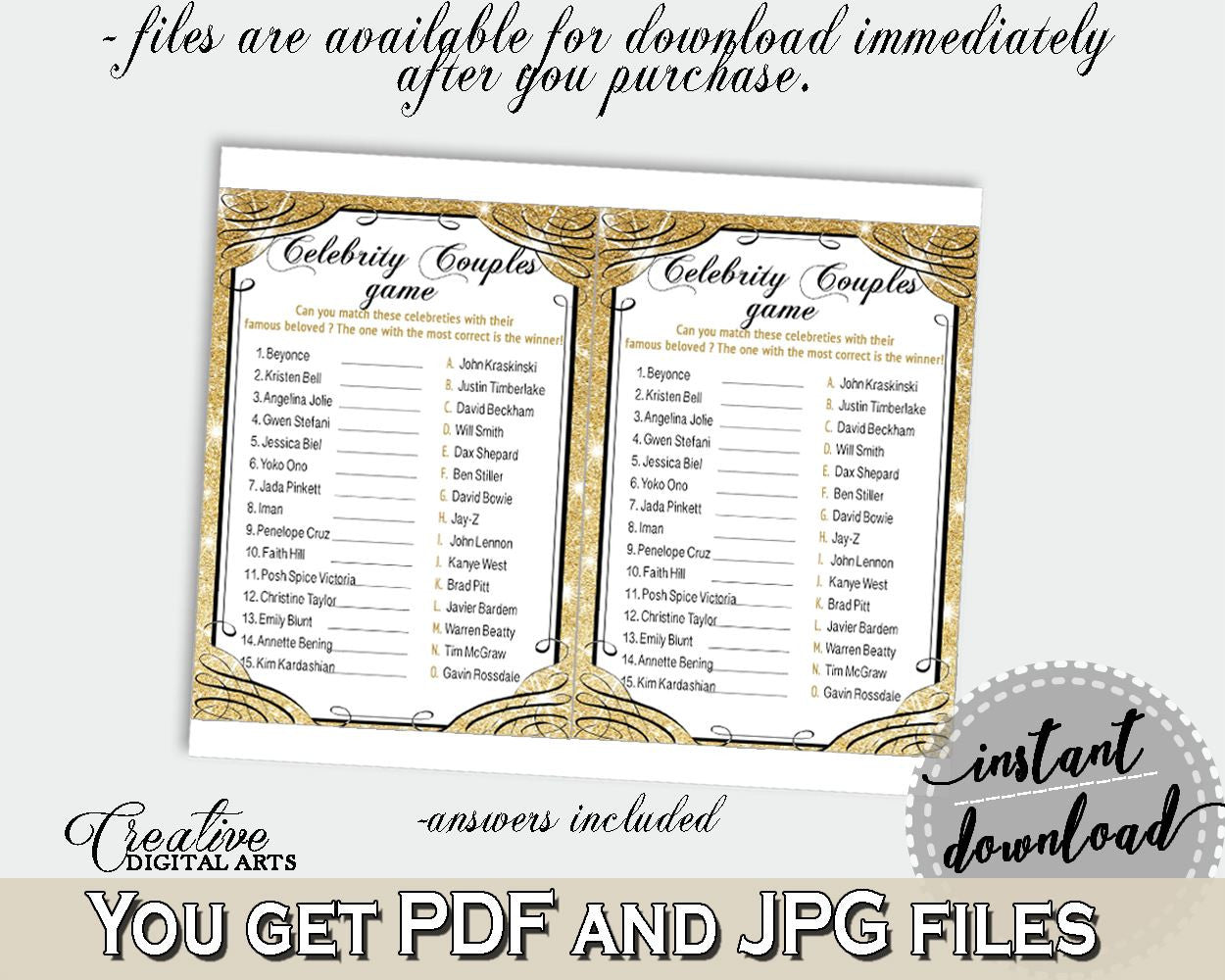 Celebrity Couples Game in Glittering Gold Bridal Shower Gold And Yellow Theme, famous bridal shower, flashy bridal, party supplies - JTD7P - Digital Product