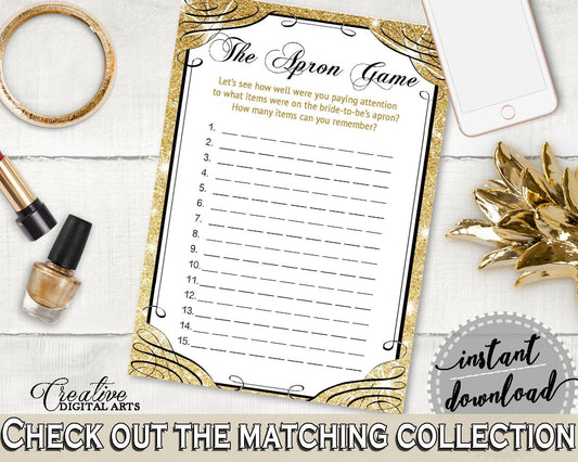 Gold And Yellow Glittering Gold Bridal Shower Theme: The Apron Game - memory game, flashy bridal, party supplies, party décor - JTD7P - Digital Product