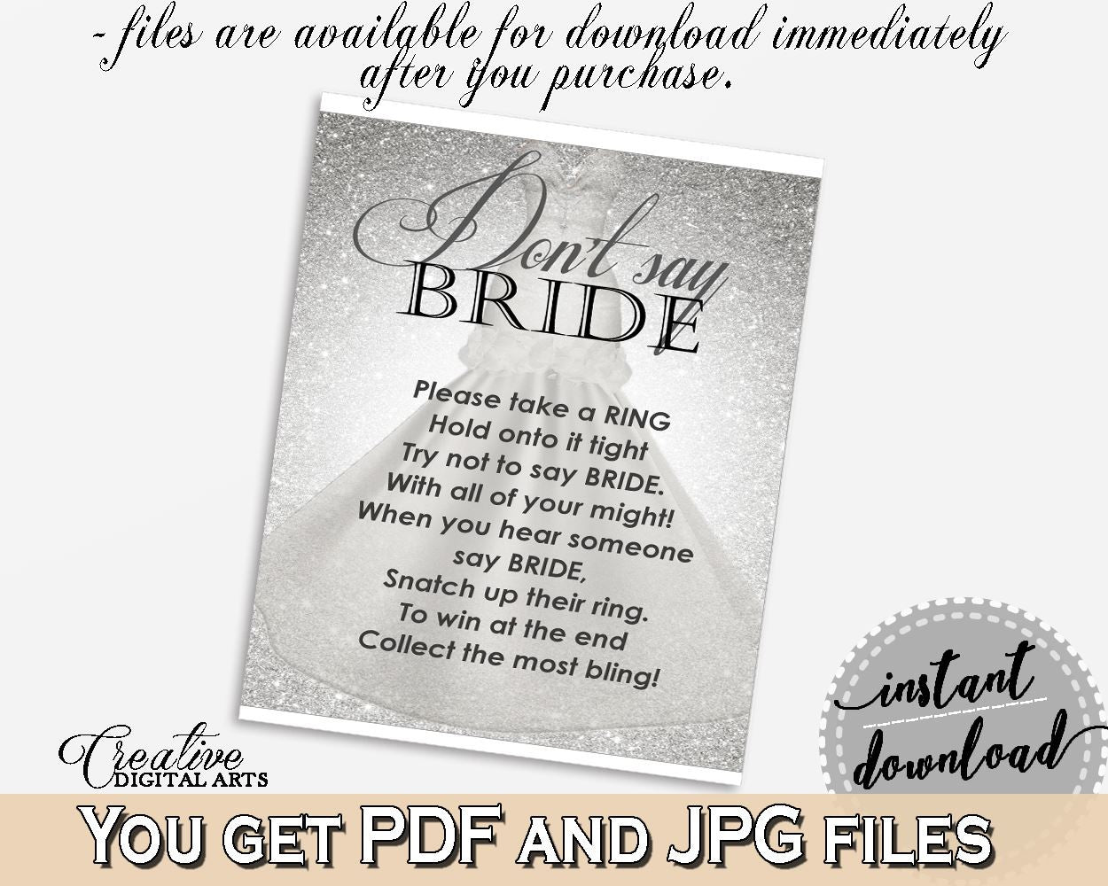 Don't Say Bride in Silver Wedding Dress Bridal Shower Silver And White Theme, dont say bride sign, shower party, party ideas, prints - C0CS5 - Digital Product