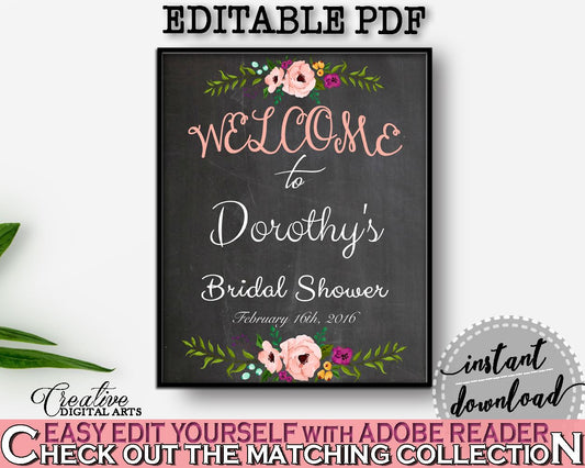 Bridal Shower Welcome Sign Editable in Chalkboard Flowers Bridal Shower Black And Pink Theme, editable greetings, printable files - RBZRX - Digital Product