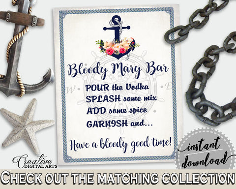 Navy Blue Nautical Anchor Flowers Bridal Shower Theme: Bloody Mary Bar Sign - brunch and bubbly, underwater theme, printable files - 87BSZ - Digital Product
