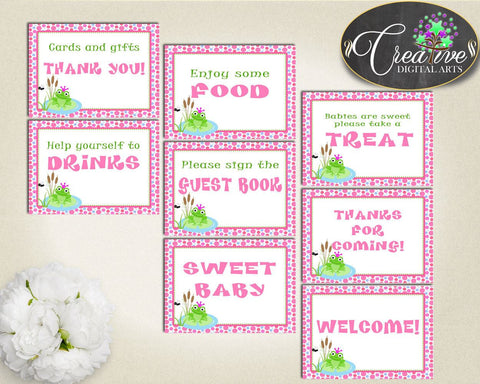 Girl Baby Shower TABLE SIGNS package set printable with green frog theme and pink dots, digital files, Jpg Pdf, instant download - bsf01 - Digital Product