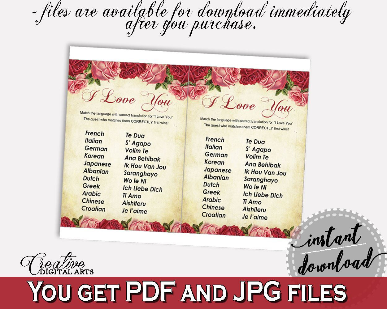 I Love You Game Bridal Shower I Love You Game Vintage Bridal Shower I Love You Game Bridal Shower Vintage I Love You Game Red Pink XBJK2 - Digital Product