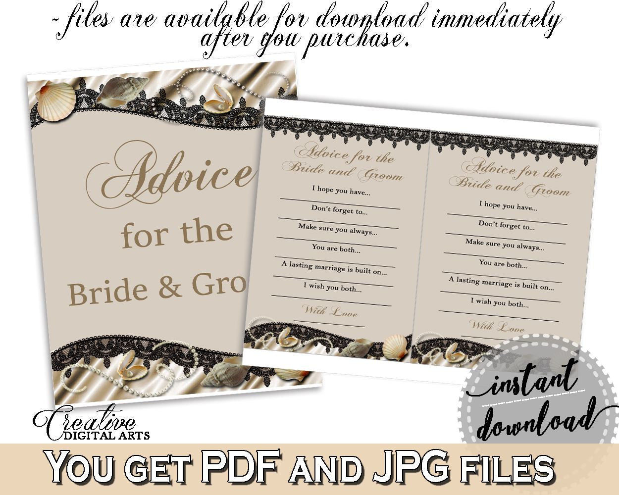 Seashells And Pearls Bridal Shower Advice For The Bride And Groom in Brown And Beige, newlyweds cards, beige bridal, party décor - 65924 - Digital Product