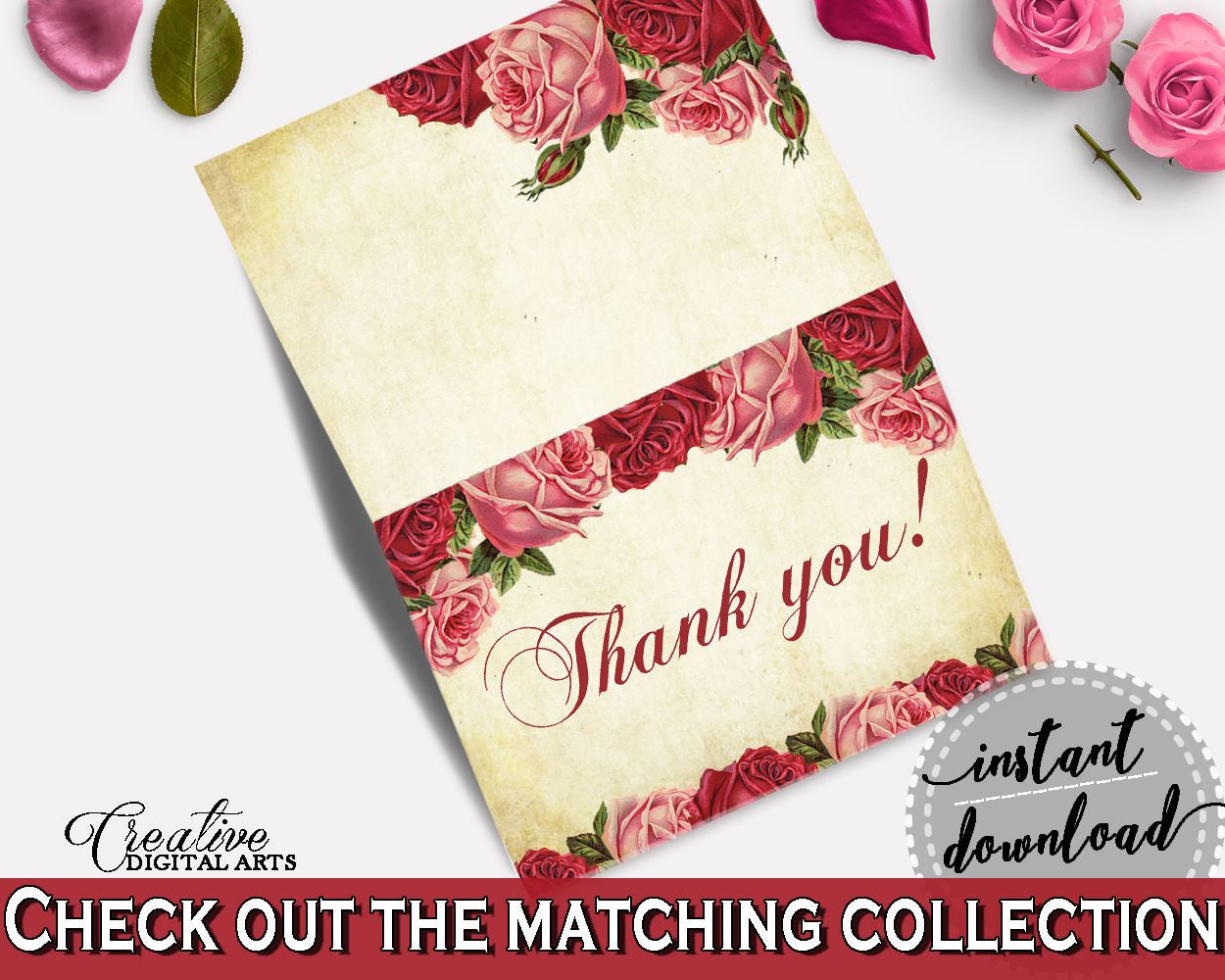 Thank You Card Bridal Shower Thank You Card Vintage Bridal Shower Thank You Card Bridal Shower Vintage Thank You Card Red Pink digital XBJK2 - Digital Product