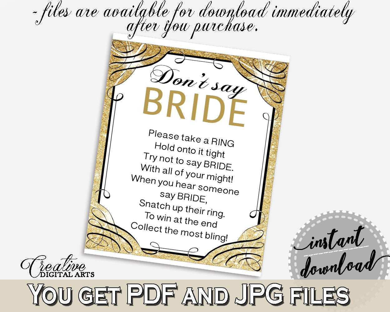 Glittering Gold Bridal Shower Don't Say Bride in Gold And Yellow, lingerie game, black gold, paper supplies, shower activity, prints - JTD7P - Digital Product