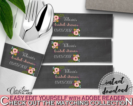 Black And Pink Chalkboard Flowers Bridal Shower Theme: Napkin Ring Editable - diy napkin rings, chalkboard floral, digital download - RBZRX - Digital Product