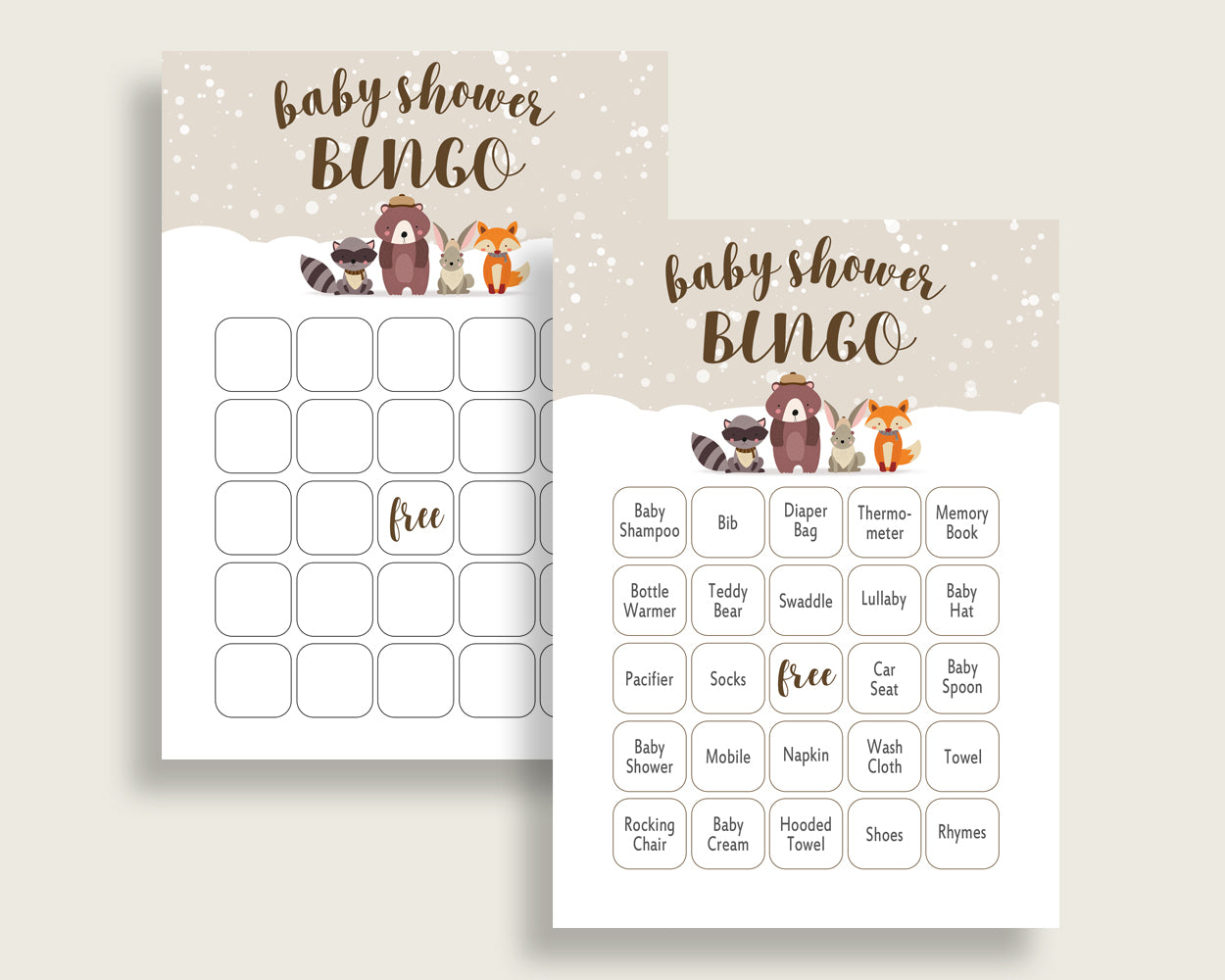 Winter Woodland Baby Shower Bingo Cards Printable, Beige Brown Baby Shower Gender Neutral, 60 Prefilled Bingo Game Cards, Animals Snow RM4SN