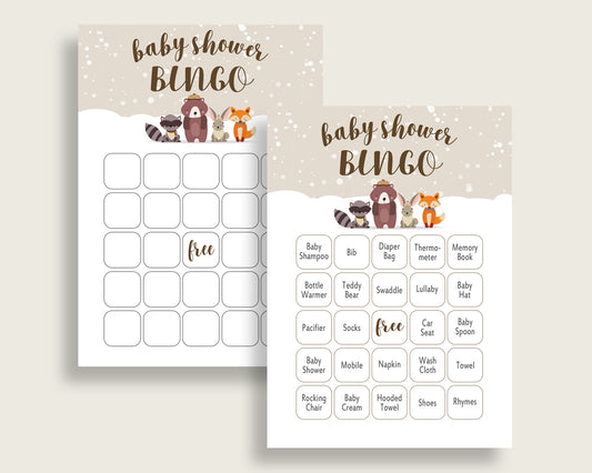 Winter Woodland Baby Shower Bingo Cards Printable, Beige Brown Baby Shower Gender Neutral, 60 Prefilled Bingo Game Cards, Animals Snow RM4SN