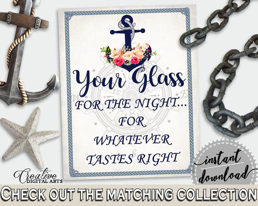 Nautical Anchor Flowers Bridal Shower Your Glass For The Night Sign in Navy Blue, drink for the night, party planning, party plan - 87BSZ - Digital Product