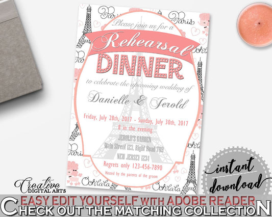 Pink And Gray Paris Bridal Shower Theme: Rehearsal Dinner Invitation Editable - bridal rehearsal, eiffel tower bridal, party decor - NJAL9 - Digital Product