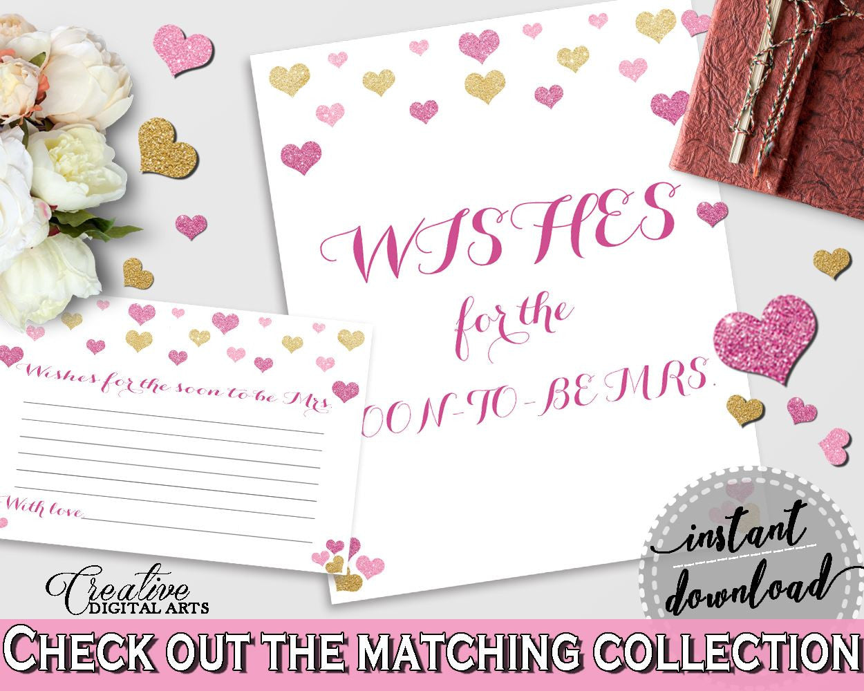 Gold And Pink Glitter Hearts Bridal Shower Theme: Wishes For The Soon To Be Mrs - popular activity,  fondness bridal, paper supplies - WEE0X - Digital Product