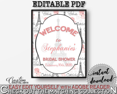 Pink And Gray Paris Bridal Shower Theme: Bridal Shower Welcome Sign Editable - editable pdf, gray eiffel tower, party stuff, prints - NJAL9 - Digital Product