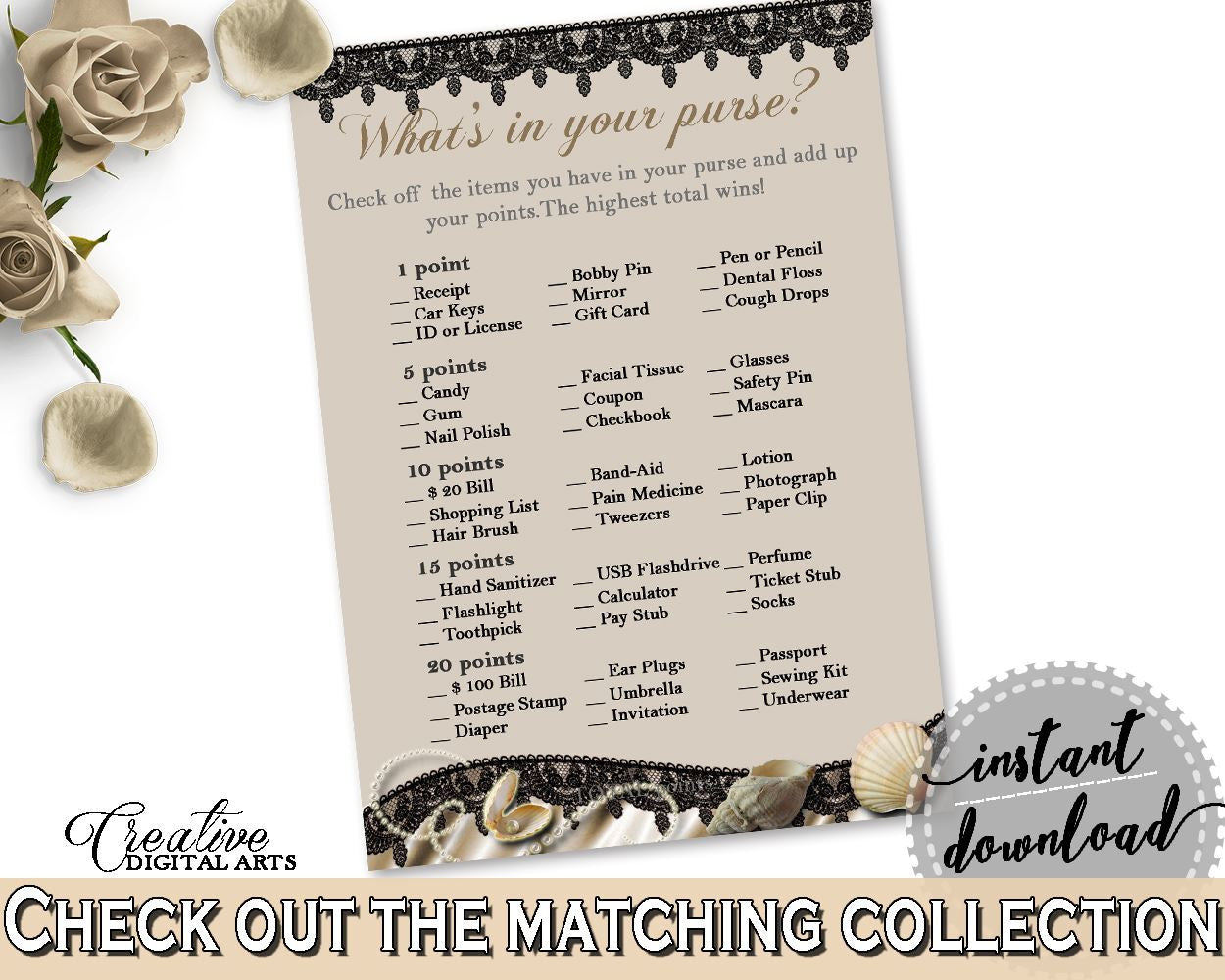 Seashells And Pearls Bridal Shower What's In Your Purse Game in Brown And Beige, purse items, black lace, shower activity, prints - 65924 - Digital Product