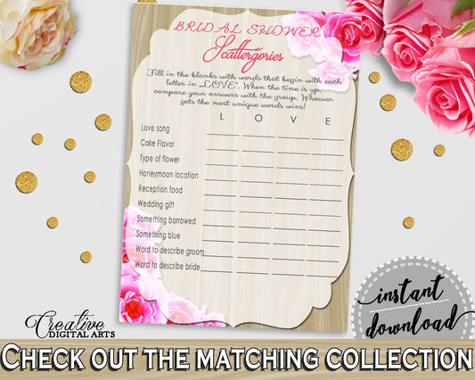 Pink And Beige Roses On Wood Bridal Shower Theme: Scattergories Game - shower scattergories, sandy color, party ideas, party décor - B9MAI - Digital Product