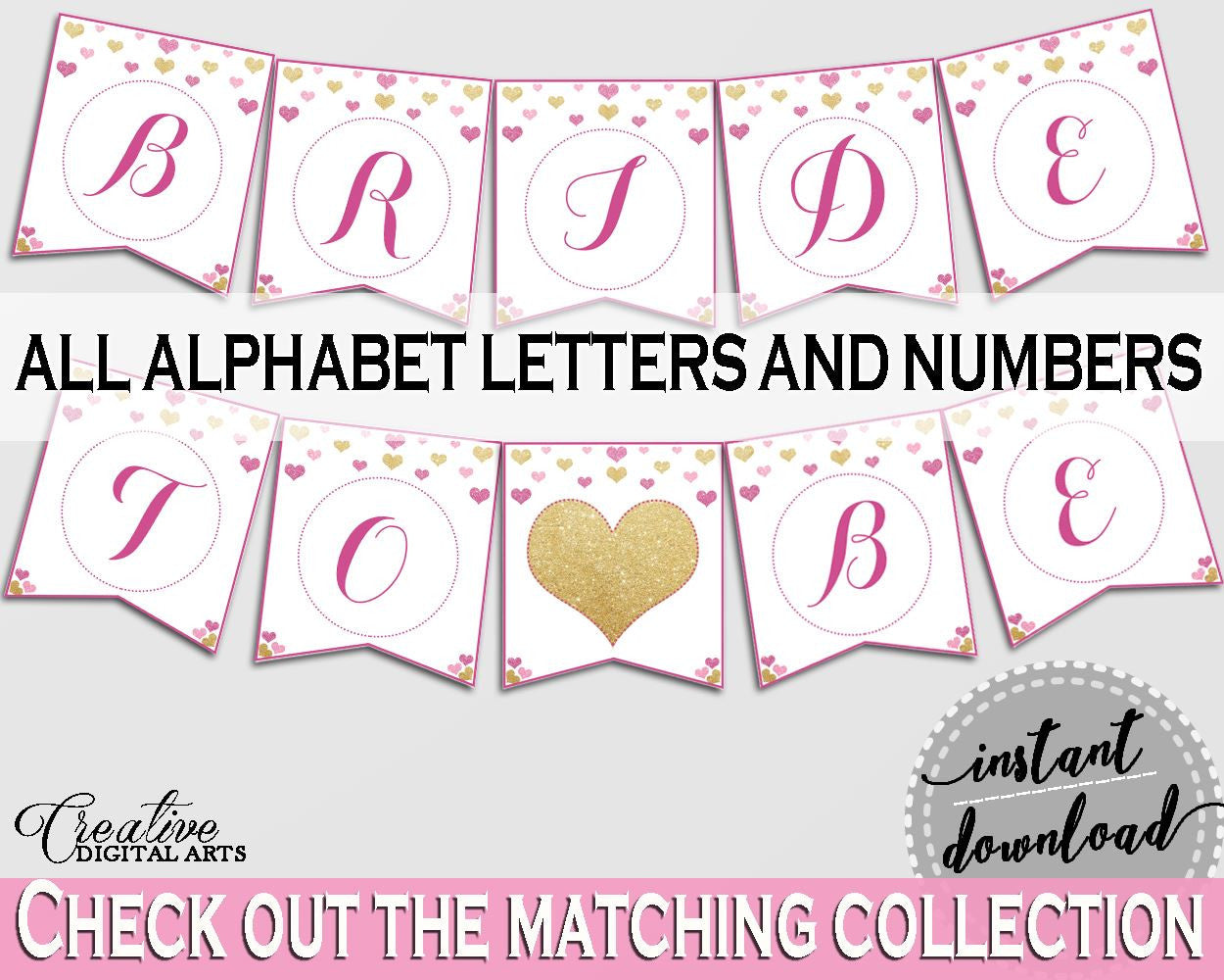 Banner in Glitter Hearts Bridal Shower Gold And Pink Theme, decorations banner,  pink and purple, printables, prints, digital print - WEE0X - Digital Product