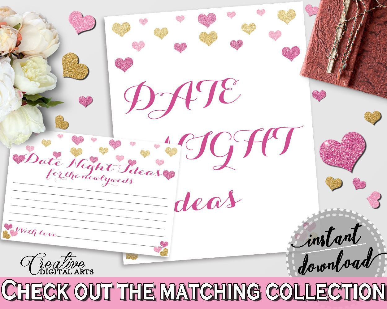 Glitter Hearts Bridal Shower Date Night Ideas in Gold And Pink, date night cards,  valentine shower, customizable files, party theme - WEE0X - Digital Product