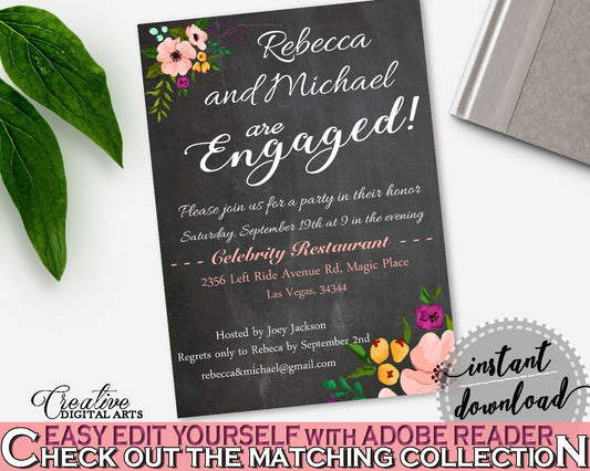 Chalkboard Flowers Bridal Shower Engaged Invitation Editable in Black And Pink, engaged party, chalk shower, party stuff, party plan - RBZRX - Digital Product