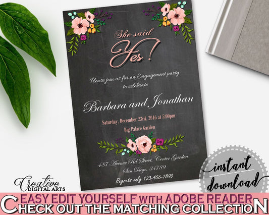 Chalkboard Flowers Bridal Shower She Said Yes Invitation Editable in Black And Pink, shower invite, blackboard shower, party ideas - RBZRX - Digital Product