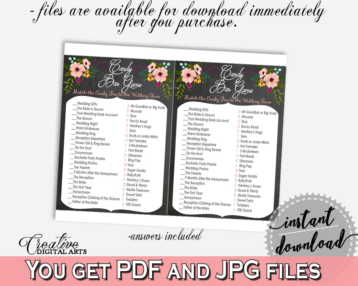 Candy Bar Game in Chalkboard Flowers Bridal Shower Black And Pink Theme, sugar daddy, black board, bridal shower idea, party ideas - RBZRX - Digital Product