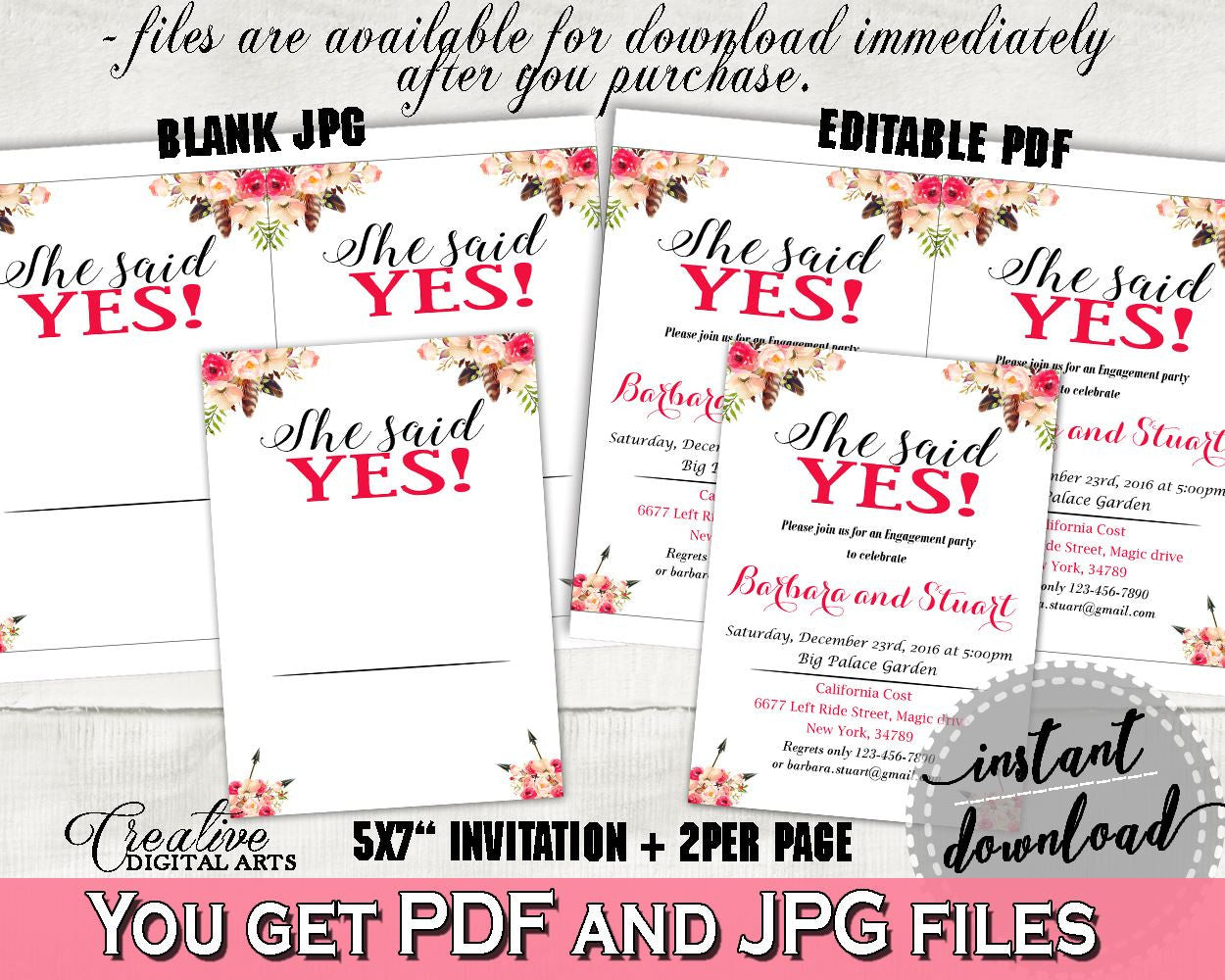 Bohemian Flowers Bridal Shower She Said Yes Invitation Editable in Pink And Red, she said yes shower, party organization, prints - 06D7T - Digital Product