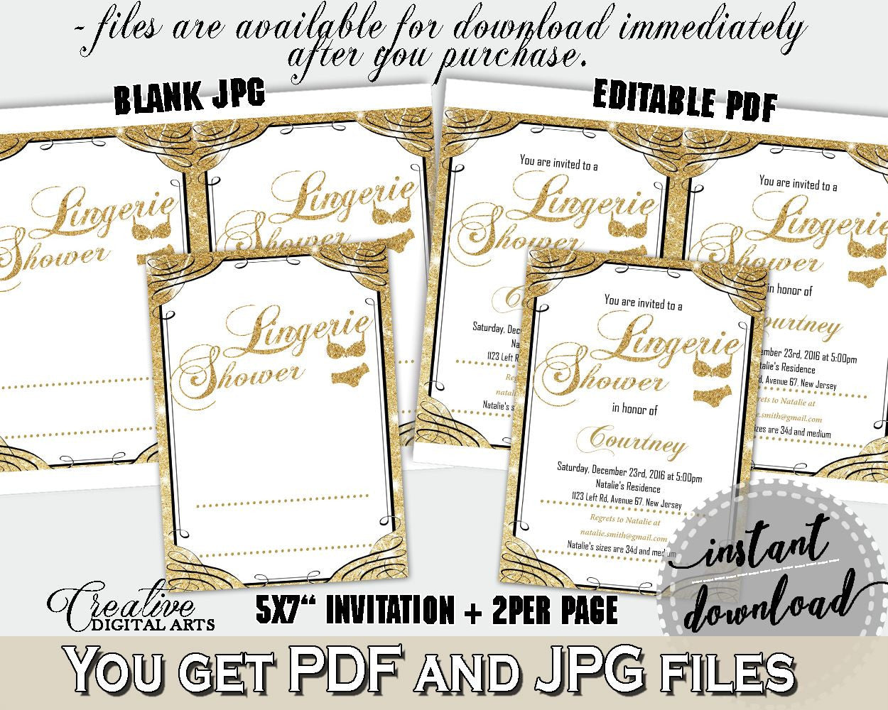 Lingerie Shower Invitation Editable in Glittering Gold Bridal Shower Gold And Yellow Theme, underwear invite, party decorations - JTD7P - Digital Product