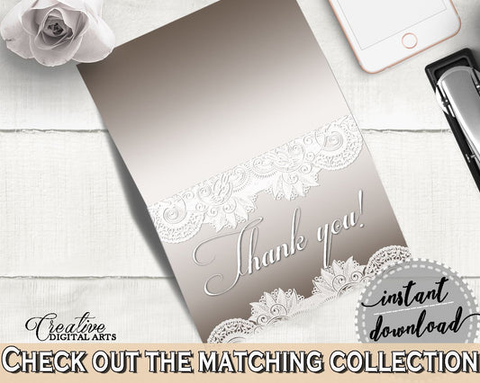 Thank You Card in Traditional Lace Bridal Shower Brown And Silver Theme, thank you note, vintage lace, bridal shower idea, prints - Z2DRE - Digital Product