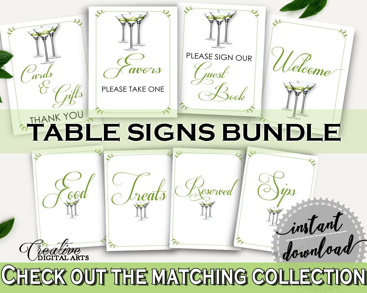 Table Signs Bridal Shower Table Signs Modern Martini Bridal Shower Table Signs Bridal Shower Modern Martini Table Signs Green White ARTAN - Digital Product