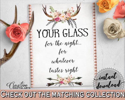 Antlers Flowers Bohemian Bridal Shower Your Glass For The Night Sign in Gray and Pink, tastes right, party décor, party ideas - MVR4R - Digital Product